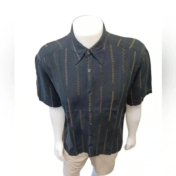 Cotton Reel 100% Silk Black Gold  Button Down Short Sleeve Shirt Size L - Picture 2 of 11